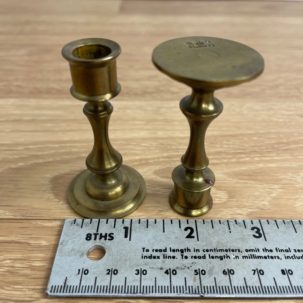 Vintage Denmark Brass Candlestick Pair and Caramel Slag Glass Toothpick Holder